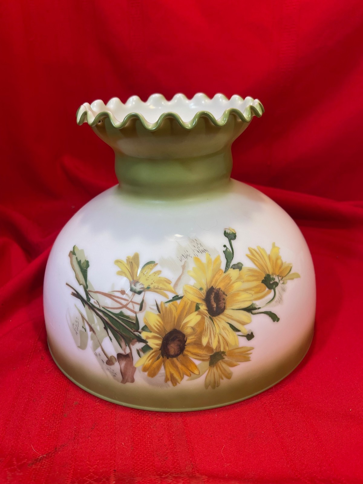 Antique Hand Painted Floral Tam O Shanter Type Ruffled Rim Oil Lamp Shade 9 3/4"