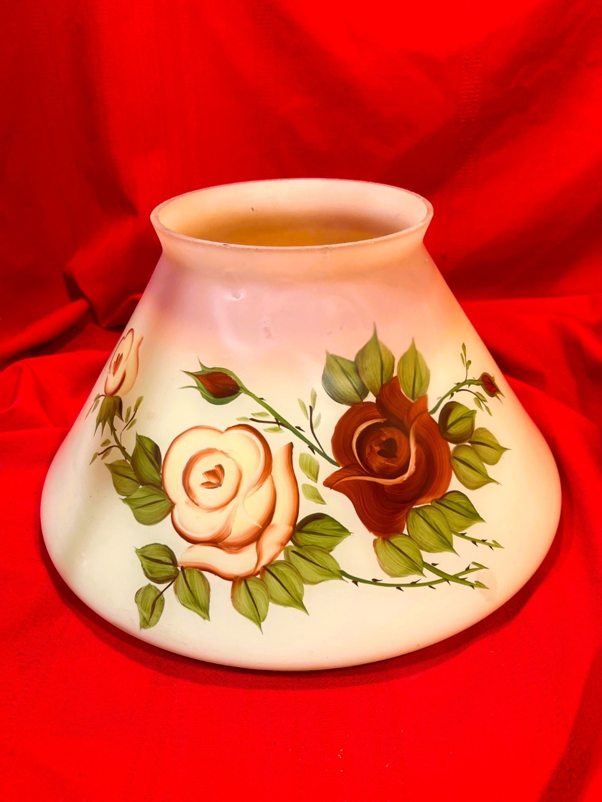 Antique Peach and Yellow Satin Glass Slant Oil Lamp Shade Floral Roses 14"