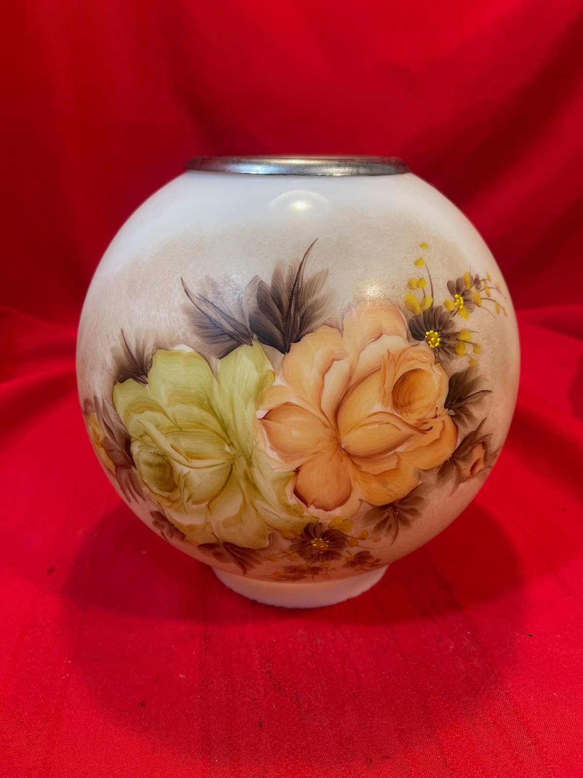 Antique Hand Painted Floral Yellow Roses Oil Lamp Shade Globe 7 1/2"