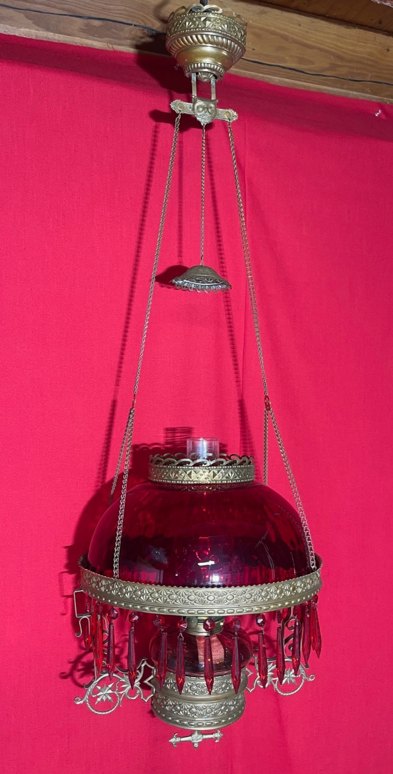 Antique Hanging Oil Lamp Quilted Red Glass Shade Font & Prisms Owl Chain Motor