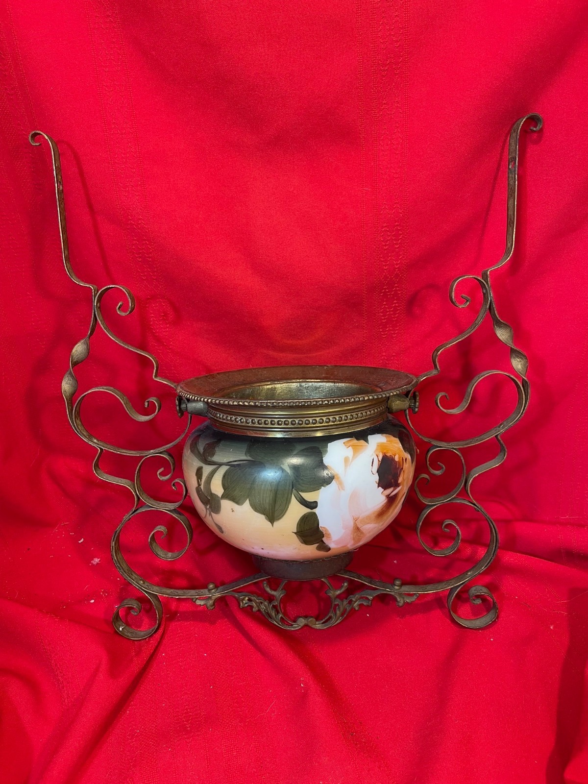 Antique Hand Painted Hanging Oil Lamp Font Holder & Lower Frame